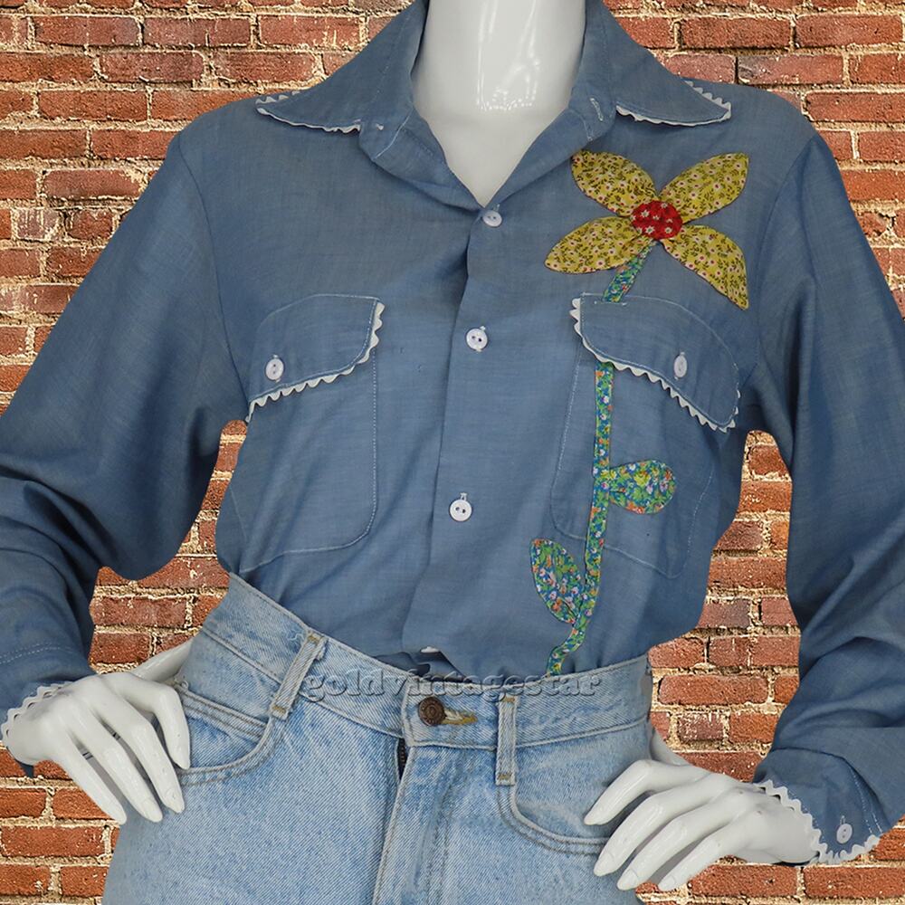 70s Vintage Big Mac Chambray Floral Patch Shirt